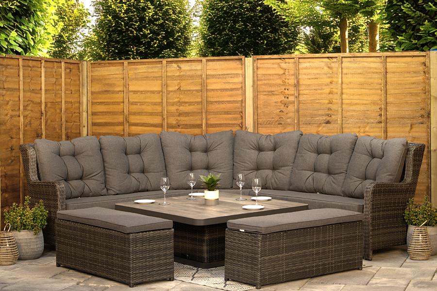 Burbage Large Rattan Corner Lounge Set with Height Adjustable Table in Stone Grey