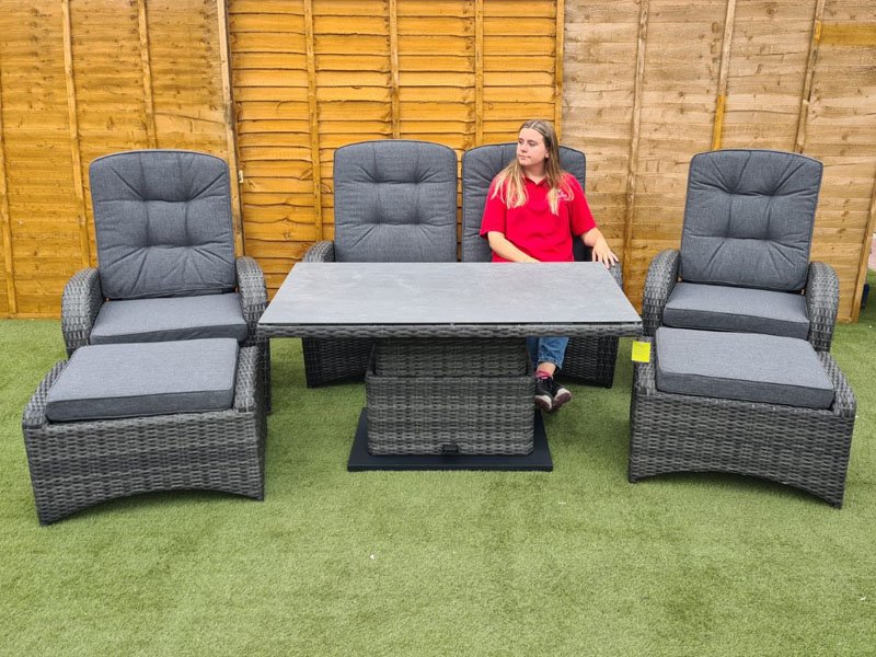 Burbage Reclining Rattan Sofa Set + Adjustable Table in Stone Grey