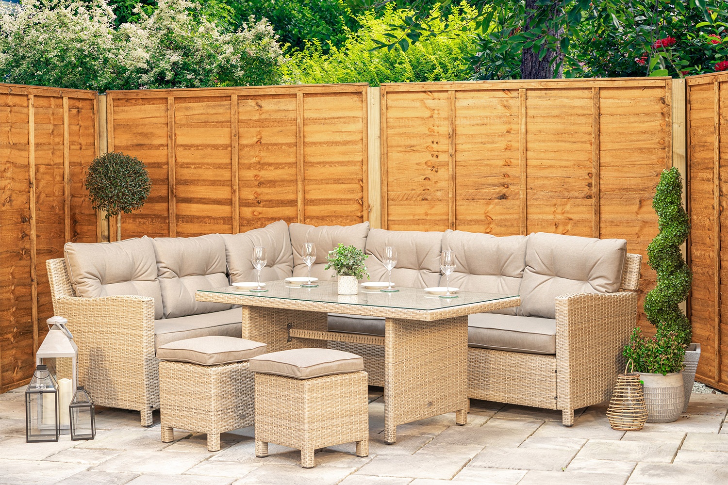 6 Seat Natural Rattan Corner Sofa Dining Set in Aluminium