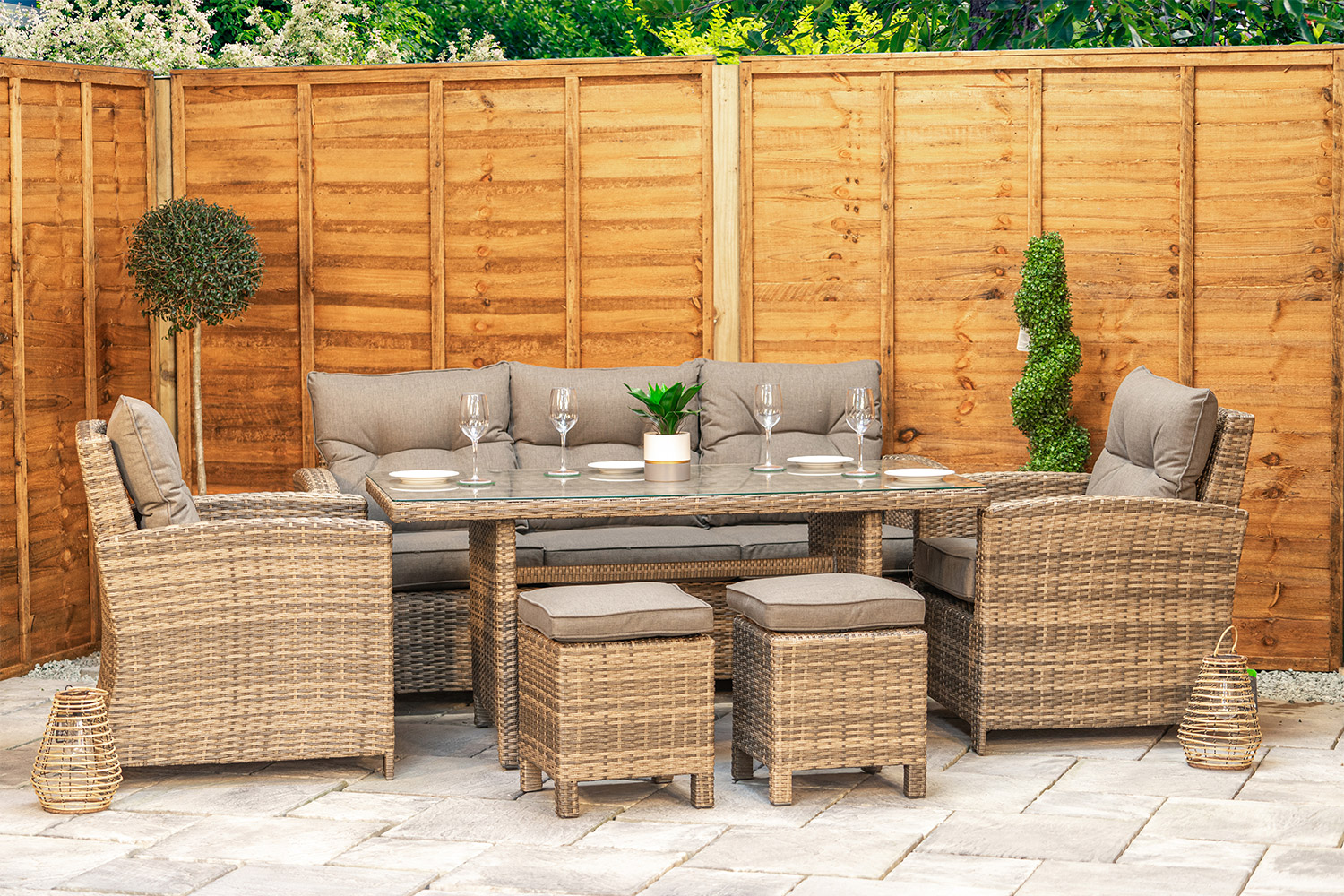 Brown Rattan Sofa Dining Set 6 Seat Aluminium Frame